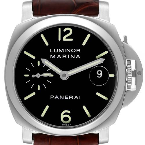 The image shows a front view of the Panerai Luminor PAM00048 Men's Stainless Steel Black Dial PAM00048 Men's Stainless Steel Black Dial watch, displaying its dial, hands, and crown guard.