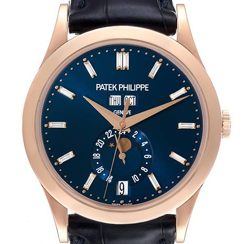 The image shows a frontal view of the Patek Philippe Complications 5396R Men's Rose Gold Blue Dial 5396R Men's Rose Gold Blue Dial model watch, featuring its dial, hands, and date indicators.