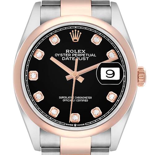 The Rolex Datejust 126201 Men's Steel and Gold (two tone) Black Dial watch is shown from a front angle, displaying the face, bezel, dial, hands, and part of the bracelet.