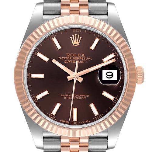 This image shows a front view of a Rolex Datejust 41 126331 Men's Steel and Gold (two tone) Brown Dial 126331 Men's Steel and Gold (two tone) Brown Dial, highlighting the dial, hands, hour markers, fluted bezel, and bracelet.