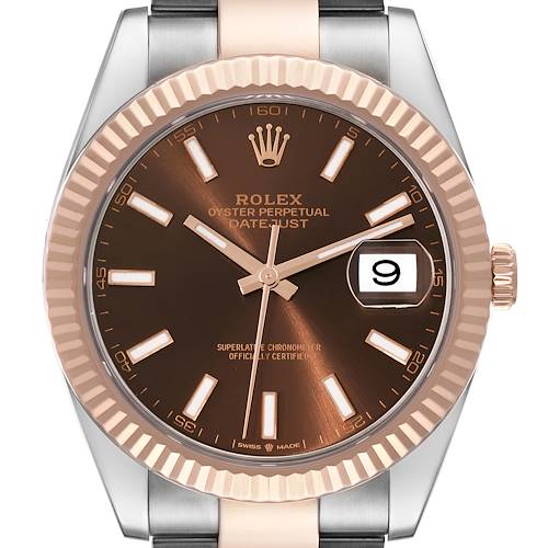 The image displays a Rolex Datejust 41 126331 Men's Steel and Gold (two tone) Brown Dial 126331 Men's Steel and Gold (two tone) Brown Dial watch from a front angle, highlighting the dial, bezel, and part of the bracelet.