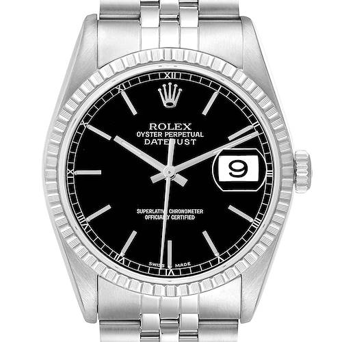 The Rolex Datejust 16220 Men's Stainless Steel Black Dial watch is shown from a straight-on angle, featuring its black dial, fluted bezel, and Jubilee bracelet.