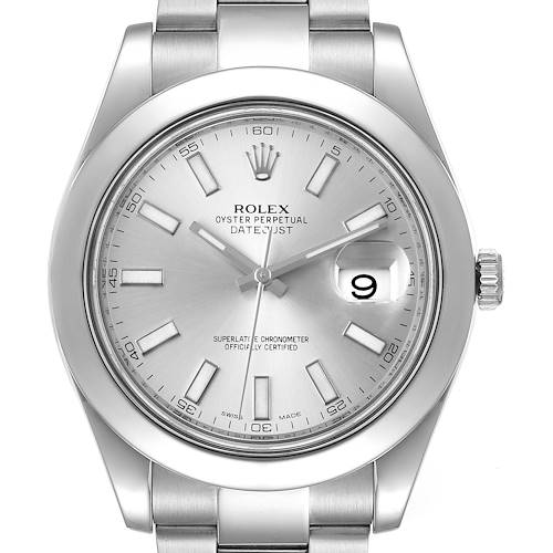 This image shows a Rolex Datejust 41 116300 Men's Stainless Steel Silver Dial 116300 Men's Stainless Steel Silver Dial watch, front-facing, displaying the dial, bezel, crown, and part of the bracelet.