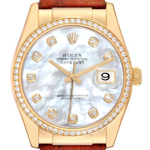 The image shows a front view of the Rolex Datejust 116188 Men's Yellow Gold Mother of Pearl Dial 116188 Men's Yellow Gold Mother of Pearl Dial watch with a diamond-set bezel and a mother-of-pearl dial.