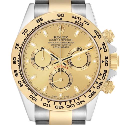 The image shows a Rolex Daytona 116503 Men's Steel and Gold (two tone) Champagne Dial watch face with gold bezel, subdials, and a two-tone band, viewed from the front.