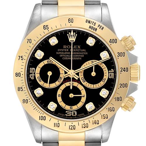 The image shows a front view of a Rolex Daytona 16523 Men's Steel and Gold (two tone) Black Dial watch, highlighting the dial, bezel, and pushers.
