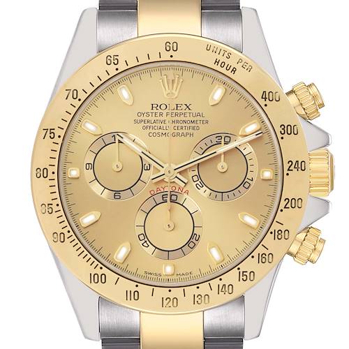The Rolex Daytona 116523 Men's Steel and Gold (two tone) Champagne Dial watch is shown from the front, highlighting its gold dial, three subdials, and a two-tone bracelet.