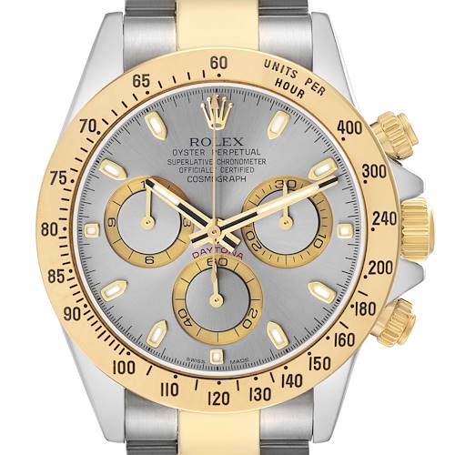 The Rolex Daytona 116523 Men's Steel and Gold (two tone) Silver Dial watch is shown from the front, highlighting the bezel, crown, chronograph dials, and bracelet.