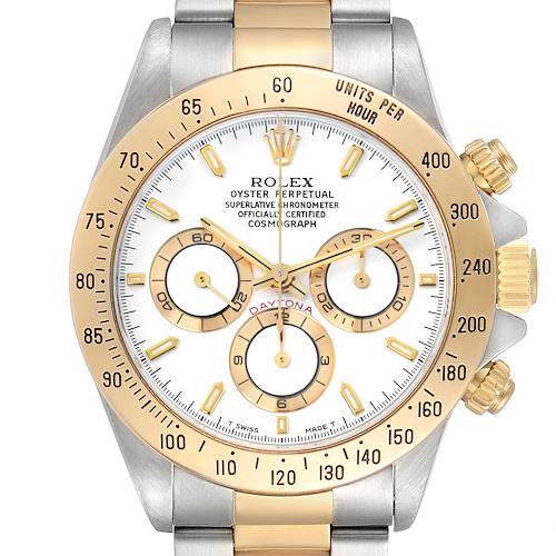 The Rolex Daytona 16523 Men's Steel and Gold (two tone) White Dial watch is shown from the front, displaying the face, bezel, sub-dials, pushers, and part of the bracelet.
