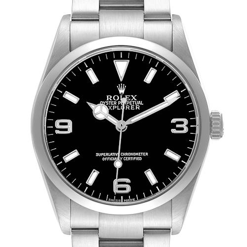 The image shows a front view of the Rolex Explorer 114270 Men's Stainless Steel Black Dial watch, displaying the dial, hands, crown, and part of the bracelet.