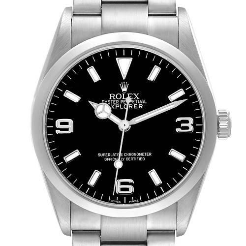 The Rolex Explorer 114270 Men's Stainless Steel Black Dial watch is shown from the front, highlighting its dial, indices, hands, and part of the bracelet.