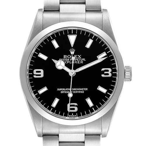 The Rolex Explorer 14270 Men's Stainless Steel Black Dial watch is shown from the front, displaying the dial, hands, and part of the bracelet.