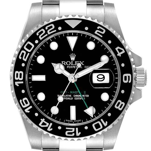 The image shows a frontal view of a Rolex GMT-Master 116710 Men's Stainless Steel Black Dial 116710 Men's Stainless Steel Black Dial II watch, displaying the face, bezel, crown, and part of the bracelet.