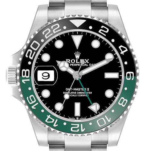 The image shows a front view of the Rolex GMT-Master 126720 Men's Stainless Steel Black Dial II watch, highlighting the bezel, dial, and crown.