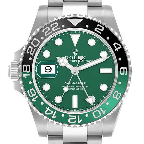 The Rolex GMT-Master 126729 Men's White Gold Green Dial watch is shown from the front, highlighting the dial, hands, date window, and bezel.