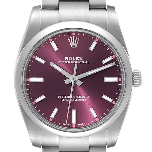 This image shows a front view of a Rolex Oyster Perpetual 114200 Men's Stainless Steel Burgundy Dial 114200 Men's Stainless Steel Burgundy Dial watch, highlighting its dial, crown, and part of the bracelet.