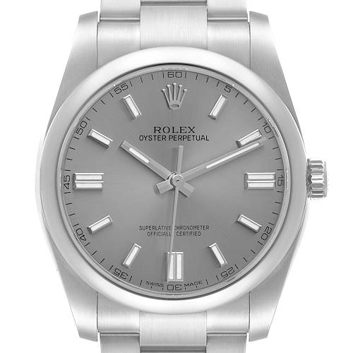 The image displays a Rolex Oyster Perpetual 116000 Men's Stainless Steel Grey Dial 116000 Men's Stainless Steel Grey Dial watch face and part of the band, shown from a front angle.