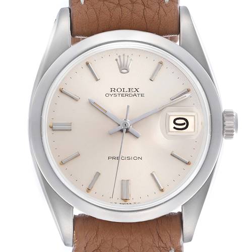 The Rolex Vintage Collection 6694 Men's Stainless Steel Silver Dial watch is shown from the front, displaying the dial, hands, crown, and leather strap.