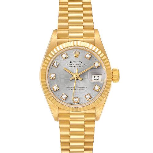 The image shows a frontal view of the Rolex President 69178 Women's Yellow Gold Silver Dial 69178 Women's Yellow Gold Silver Dial Day-Date watch, highlighting its bracelet, dial, and bezel.