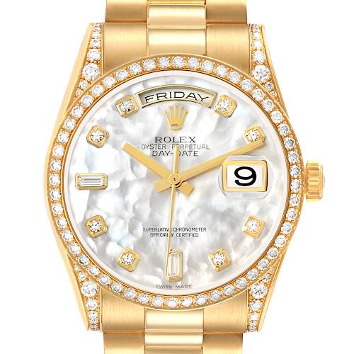 The Rolex President 118388 Men's Yellow Gold Mother of Pearl Dial watch is shown from the front, highlighting the dial, bezel, day and date windows, and part of the bracelet.