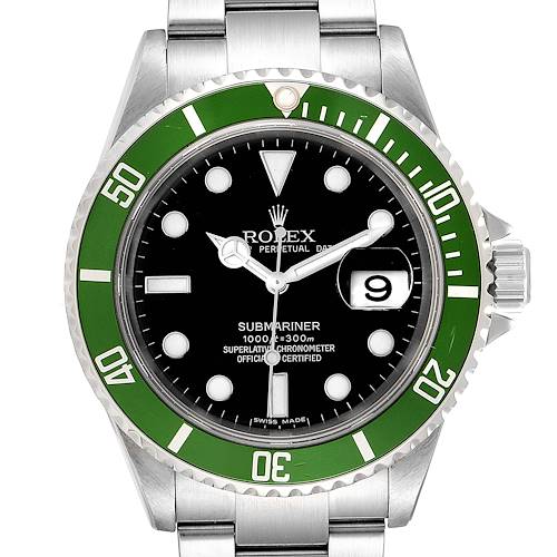 This image shows a front view of the Rolex Submariner 16610LV Men's Stainless Steel Black Dial 16610LV Men's Stainless Steel Black Dial watch, highlighting its dial, bezel, and bracelet.