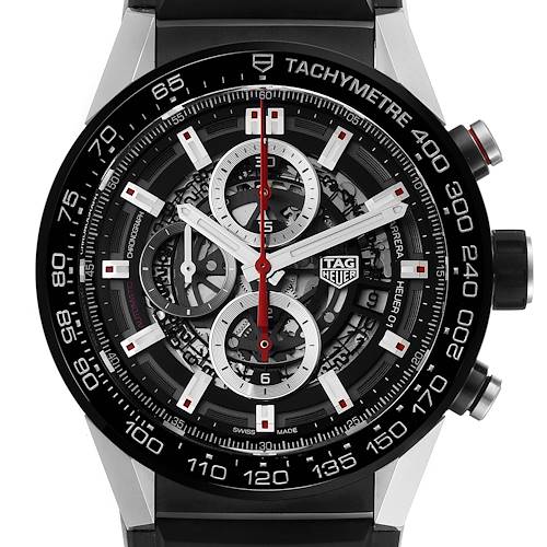 The image shows a front angle of the Tag Heuer Carrera CAR2A1Z.FT6044 Men's Stainless Steel Black Dial CAR2A1Z.FT6044 Men's Stainless Steel Black Dial watch, highlighting its skeleton dial and tachymeter bezel.