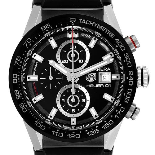 The image shows a front view of the Tag Heuer Carrera CAR201Z.BA0714 Men's Stainless Steel Black Dial CAR201Z.BA0714 Men's Stainless Steel Black Dial Heuer 01 watch, highlighting the dial, subdials, and tachymeter bezel.