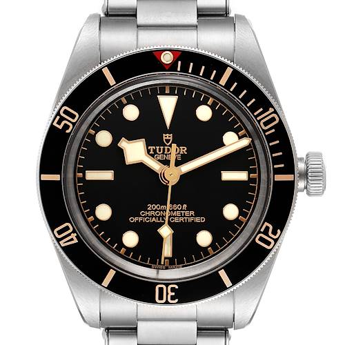 The image shows a front view of the Tudor Heritage Black Bay 79030N Men's Stainless Steel Black Dial 79030N Men's Stainless Steel Black Dial watch, highlighting its dial, bezel, and crown.