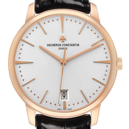 The image shows a front view of the Vacheron Constantin Patrimony 4100U Men's Rose Gold Silver Dial watch, displaying the dial, hands, date window, and crown.