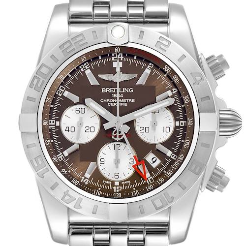 The image shows a frontal view of a Breitling Chronomat AB042011 Men's Stainless Steel Brown Dial watch, highlighting the dial, subdials, bezel, and metal bracelet.