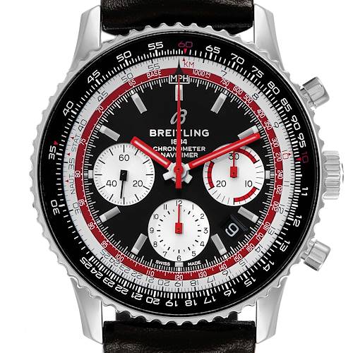 The Breitling Navitimer AB0121 Men's Stainless Steel Black Dial watch is shown from the front, displaying its dial, bezel, subdials, and strap.