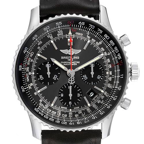 The image shows a front view of a Breitling Navitimer AB0121 Men's Stainless Steel Grey Dial AB0121 Men's Stainless Steel Grey Dial watch displaying its dial, chronograph subdials, and crown.