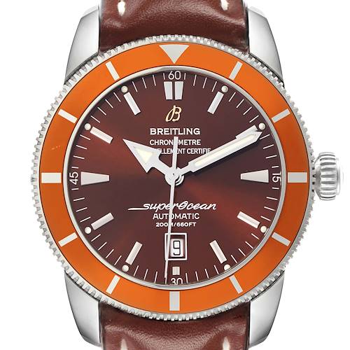 The Breitling Superocean A17320 Men's Stainless Steel Brown Dial watch is shown from the front, highlighting its brown dial, orange bezel, and date display.