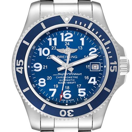 The Breitling Superocean A17365 Men's Stainless Steel Blue Dial watch is shown from a front angle, highlighting the dial, bezel, and case.