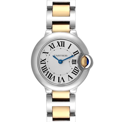 The Cartier Ballon Bleu W69007Z3 Women's Steel and Gold (two tone) Silver Dial watch is shown from a top-down angle, displaying its face, Roman numerals, and bracelet.