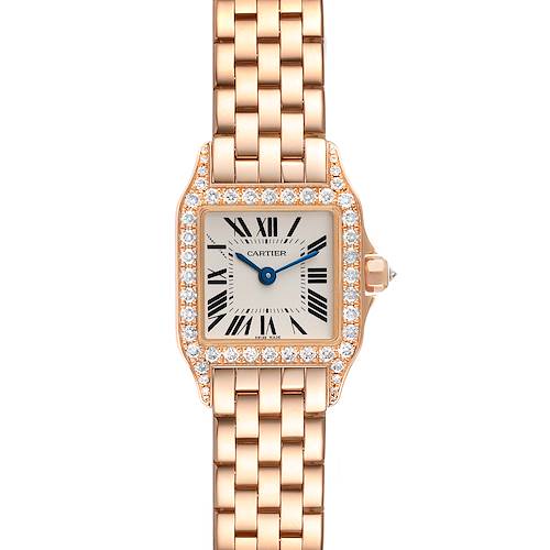 This image shows a frontal view of the Cartier Santos Demoiselle WF9011Z8 Women's Rose Gold Silver Dial WF9011Z8 Women's Rose Gold Silver Dial watch, detailing the face, bezel, and bracelet.