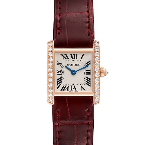 The image shows a Cartier Tank Francaise WE104531 Women's Rose Gold Silver Dial WE104531 Women's Rose Gold Silver Dial watch from a front angle, highlighting its face, bezel with diamonds, and a leather strap.