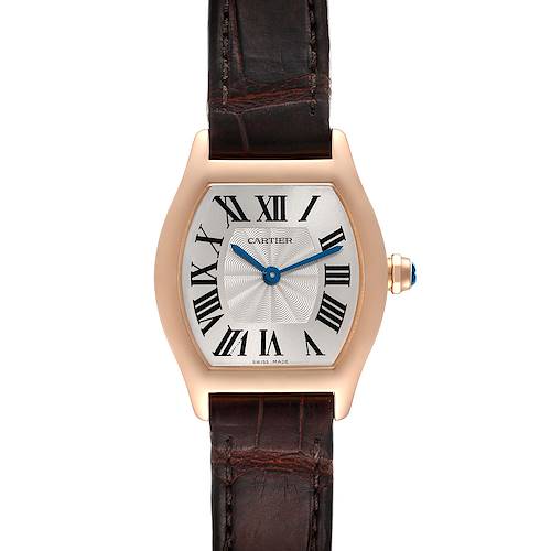 The image shows a front view of the Cartier Tortue W1556360 Women's Rose Gold Silver Dial W1556360 Women's Rose Gold Silver Dial watch, displaying its face, case, strap, and crown.