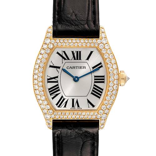 The image shows a front view of the Cartier Tortue 2643 Women's Yellow Gold Silver Dial 2643 Women's Yellow Gold Silver Dial watch with a diamond-encrusted bezel and a black leather strap.