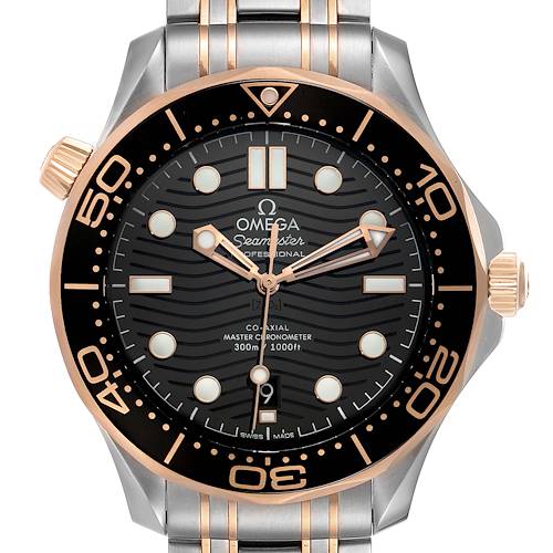 The image shows a front view of an Omega Seamaster 210.20.42.20.01.001 Men's Steel and Gold (two tone) Black Dial 210.20.42.20.01.001 Men's Steel and Gold (two tone) Black Dial watch, highlighting its face, bezel, and part of its bracelet.