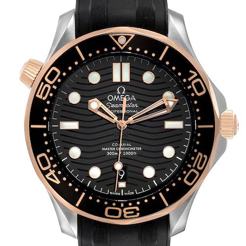 This image shows a frontal view of an Omega Seamaster 210.22.42.20.01.002 Men's Steel and Gold (two tone) Black Dial 210.22.42.20.01.002 Men's Steel and Gold (two tone) Black Dial watch featuring its black dial, hands, markers, bezel, and crown.