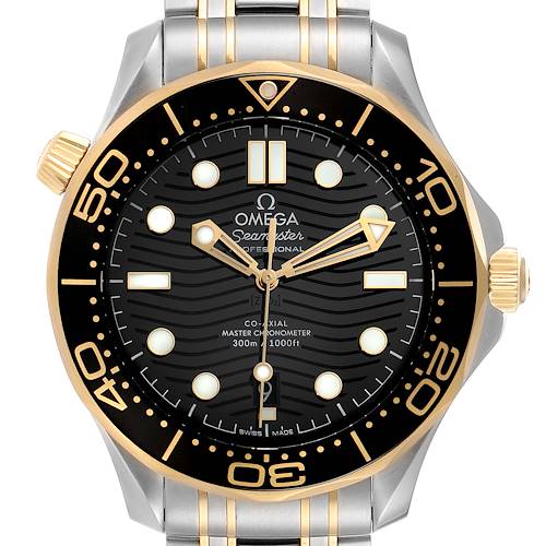 This image shows a front view of an Omega Seamaster 210.20.42.20.01.002 Men's Steel and Gold (two tone) Black Dial 210.20.42.20.01.002 Men's Steel and Gold (two tone) Black Dial watch, displaying the face, bezel, crown, and part of the metallic strap.