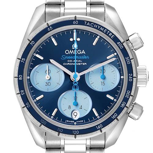 The Omega Speedmaster 324.30.38.50.03.002 Men's Stainless Steel Blue Dial watch is shown from the front, highlighting its blue dial, tachymeter bezel, and subdials.