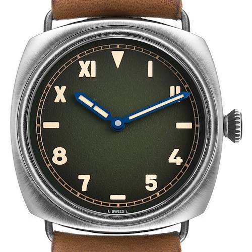 The Panerai Radiomir PAM01349 Men's Stainless Steel Green Dial watch is shown from a top view, displaying the dial, case, strap, and crown.