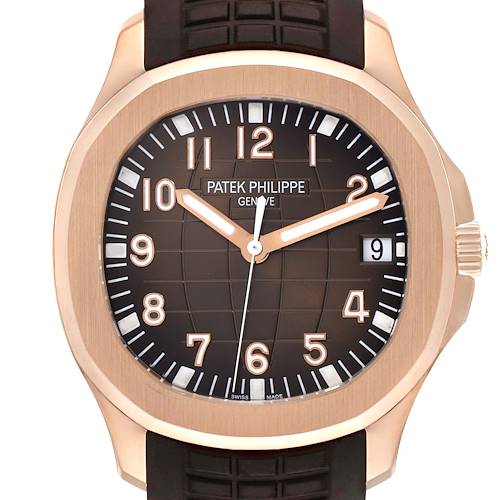 The Patek Philippe Aquanaut 5167R Men's Rose Gold Brown Dial watch is shown from a front angle, displaying its dial, hour markers, hands, and crown.