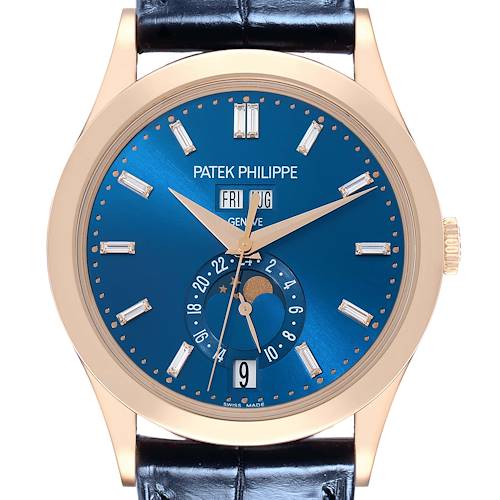 The Patek Philippe Complications 5396R Men's Rose Gold Blue Dial watch is shown from a front angle, displaying the blue dial, day/date windows, moon phase, and leather strap.