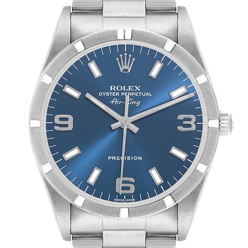 The image shows a front view of the Rolex Air-King 14010 Men's Stainless Steel Blue Dial watch, highlighting the blue dial, hour markers, hands, and part of the bracelet.