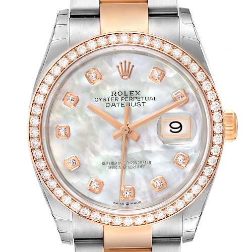 This image shows a frontal view of a Rolex Datejust 126281 Men's Steel and Gold (two tone) Mother of Pearl Dial 126281 Men's Steel and Gold (two tone) Mother of Pearl Dial watch featuring a diamond bezel, mother-of-pearl dial, and date window.