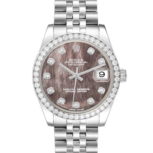 The Rolex Datejust 178384 Women's Stainless Steel Mother of Pearl Dial watch is shown from a front angle, highlighting its diamond bezel, jubilee bracelet, and date display.