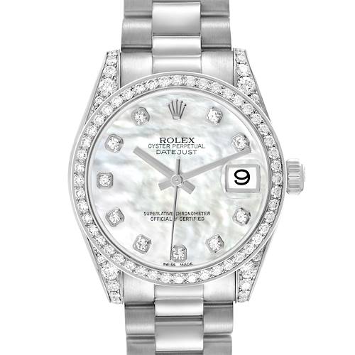 The Rolex President 178159 Women's White Gold Mother of Pearl Dial model is shown from a top-down angle, highlighting its diamond-studded bezel, dial, and bracelet.